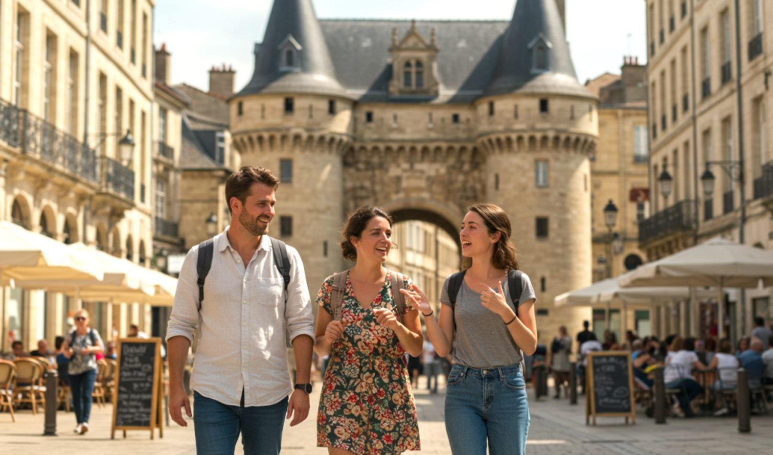 Three people walking near Porte Cailhau in Bordeaux, France.
