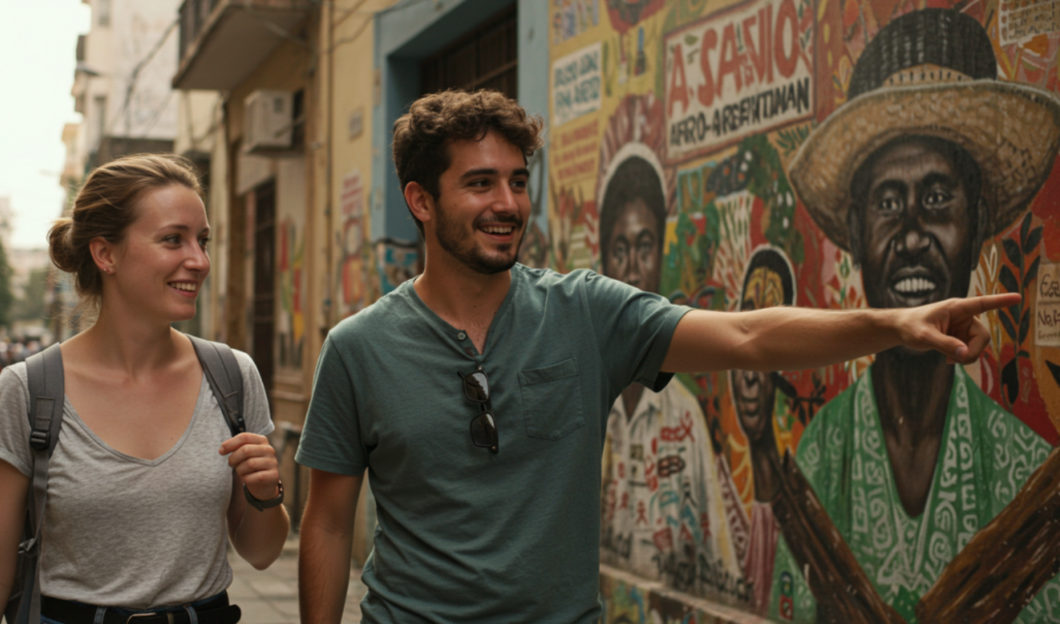 Two people walking past a mural in a city street in Buenos Aires