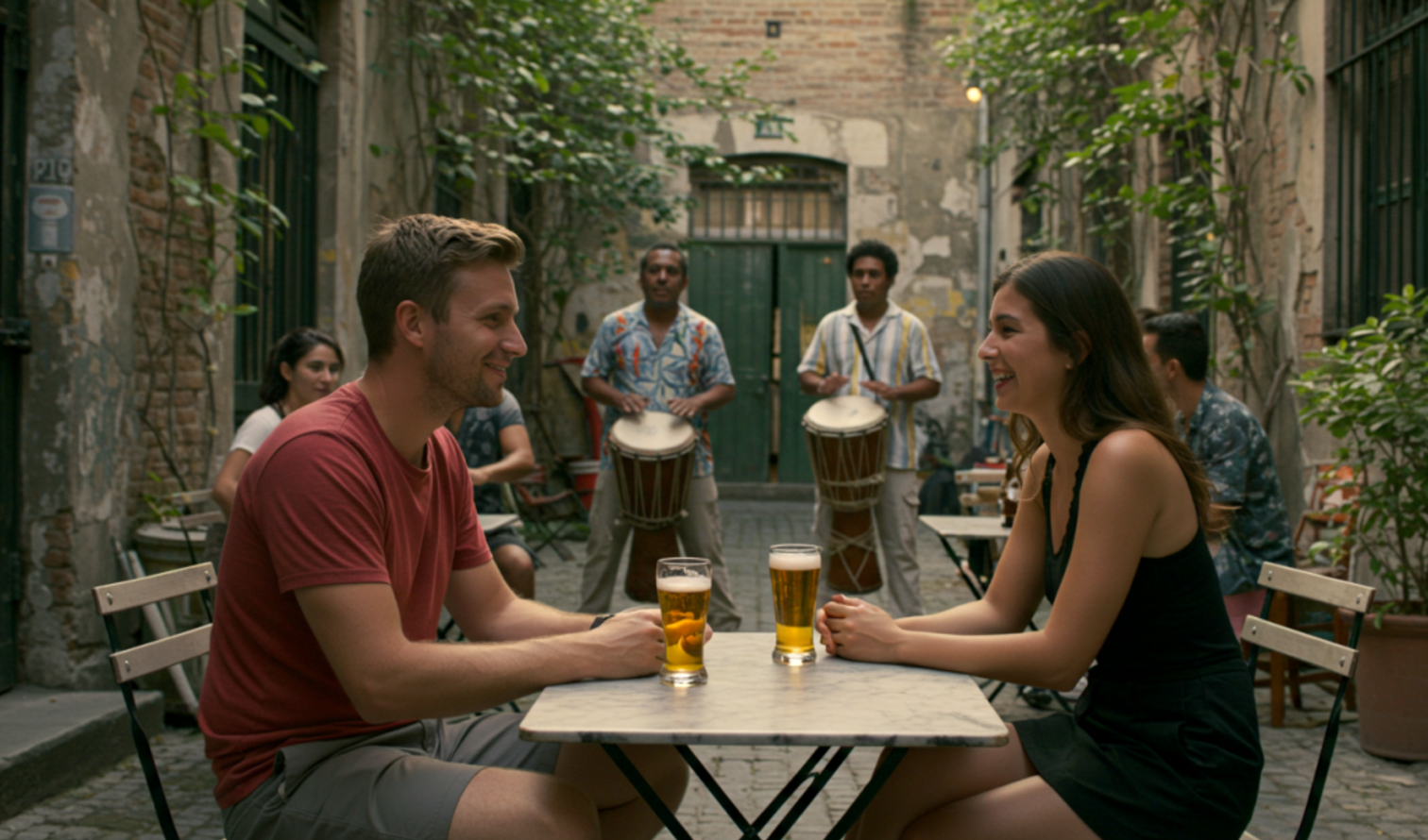 Group of musicians playing drums near a café table in a cobblestone alley in Buenos Aires