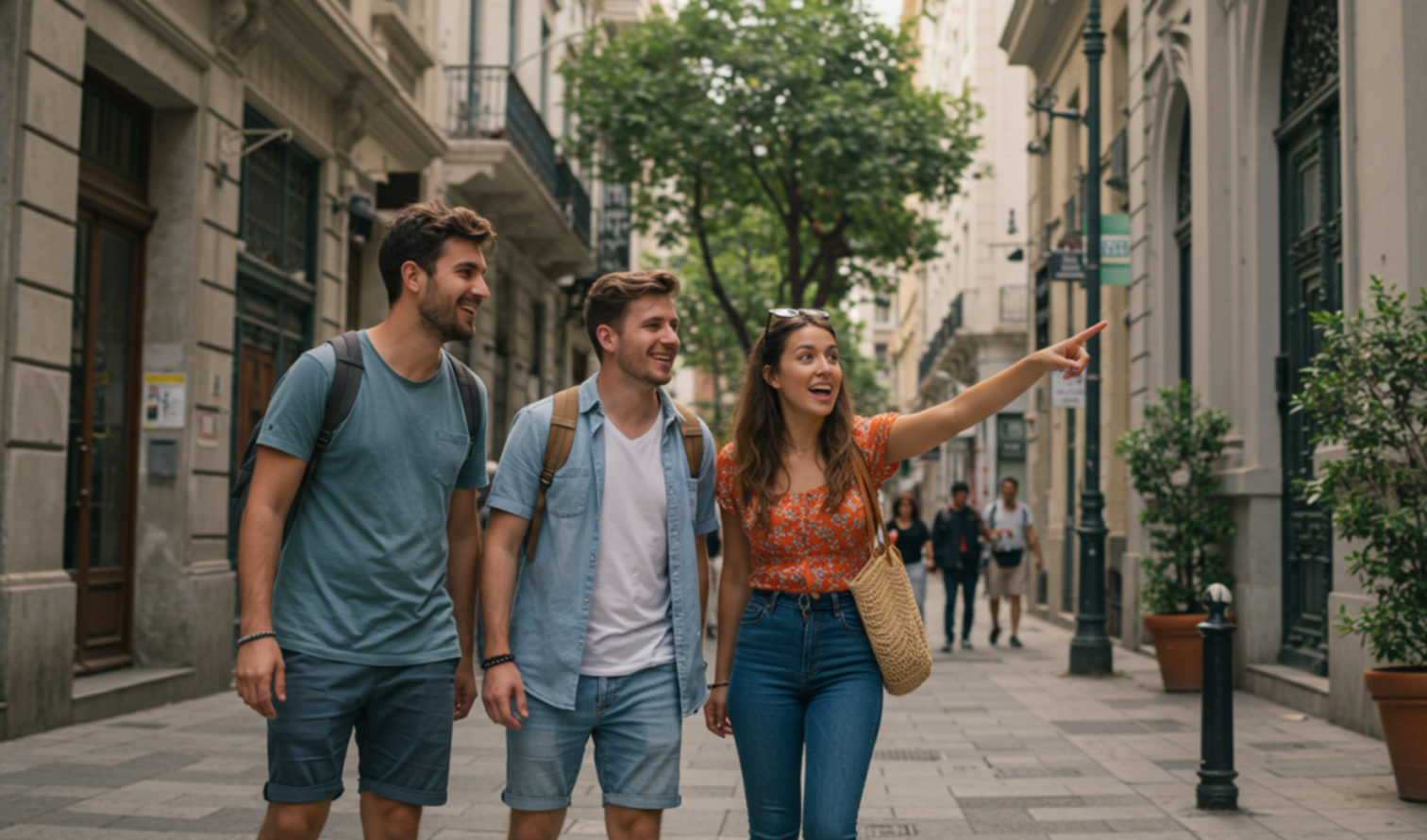 Three people walking on a narrow street with plant pots and balconies in Buenos Aires