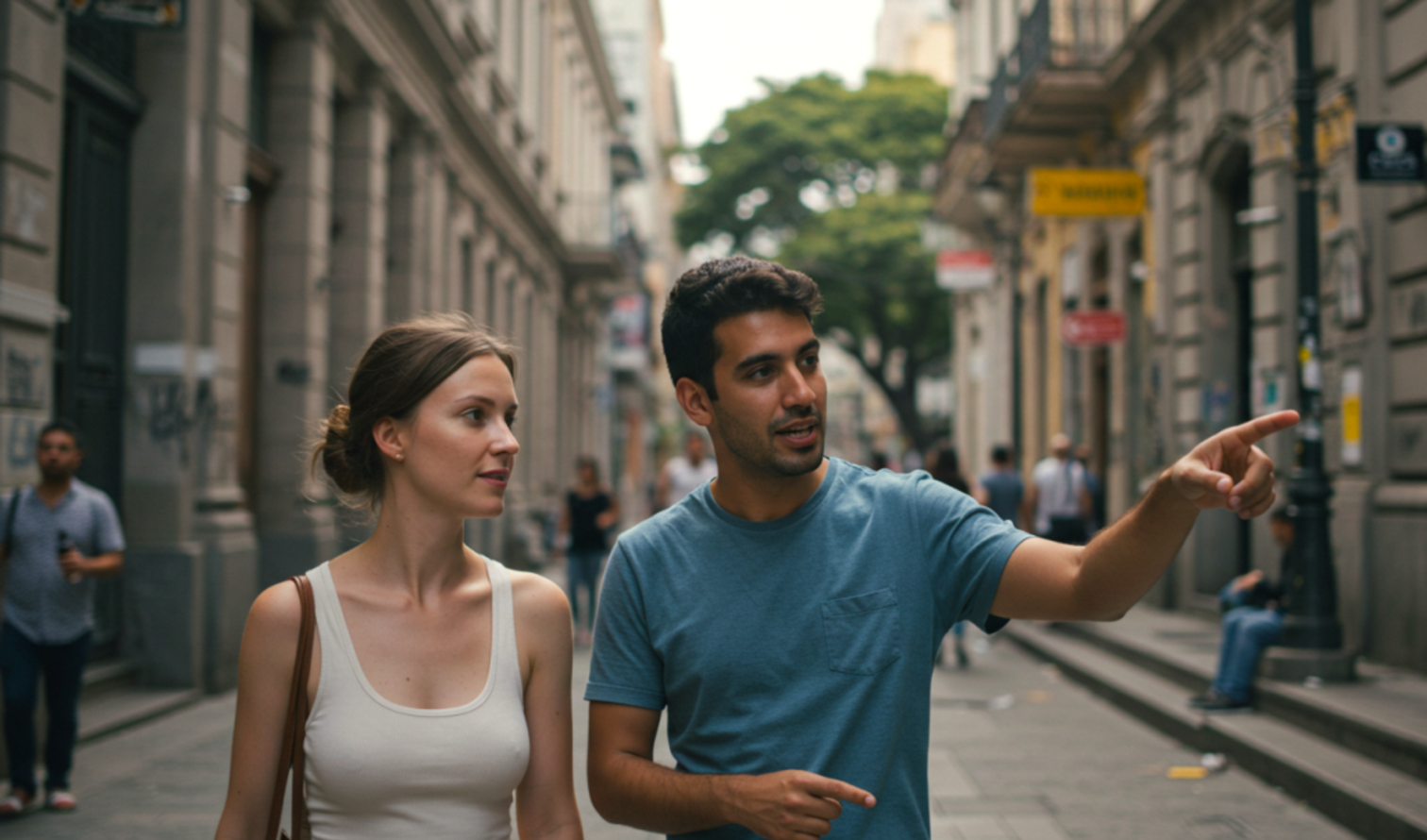 Two people walking on a narrow street in Buenos Aires