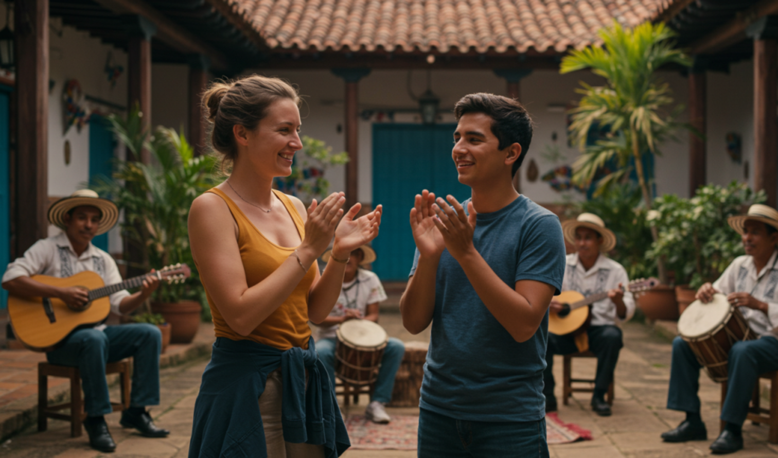 Two people clapping in a courtyard with musicians playing instruments in Cartagena