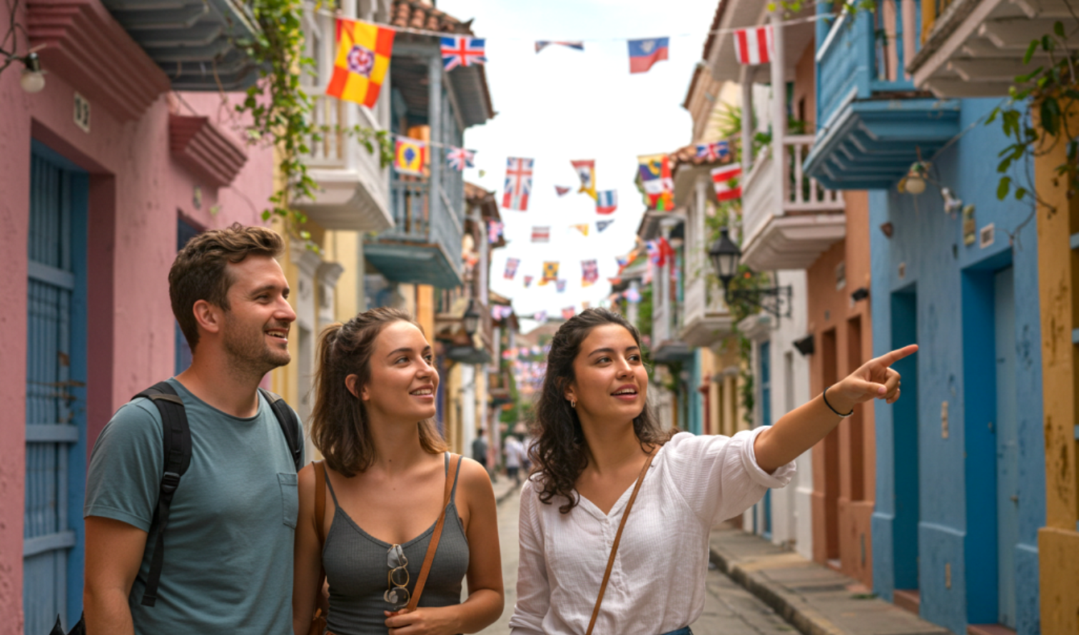 Group of people walking in a colorful street in Cartagena, Colombia.