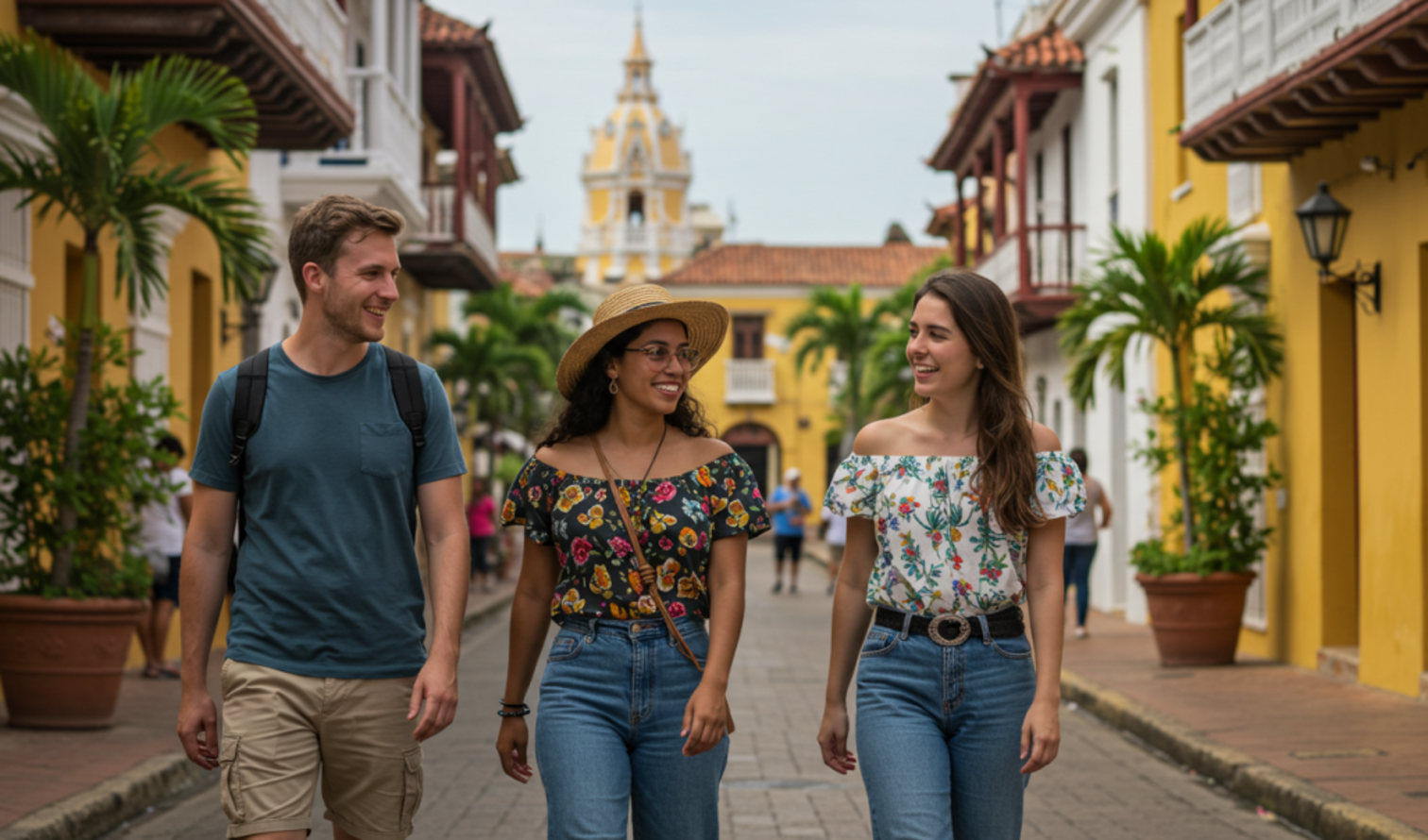 Three people walking down a colorful street in Cartagena, Colombia.