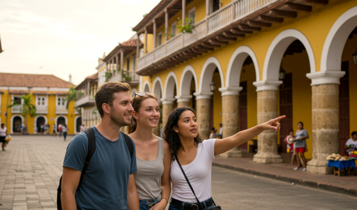 Three tourists stand in front of colonial buildings in Cartagena.