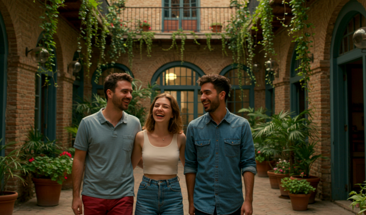 Three people walking in a courtyard with brick walls and potted plants in Cartagena