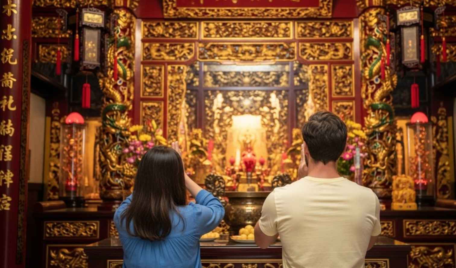 Two people praying inside a Chinese temple adorned with gold details in Hoi An