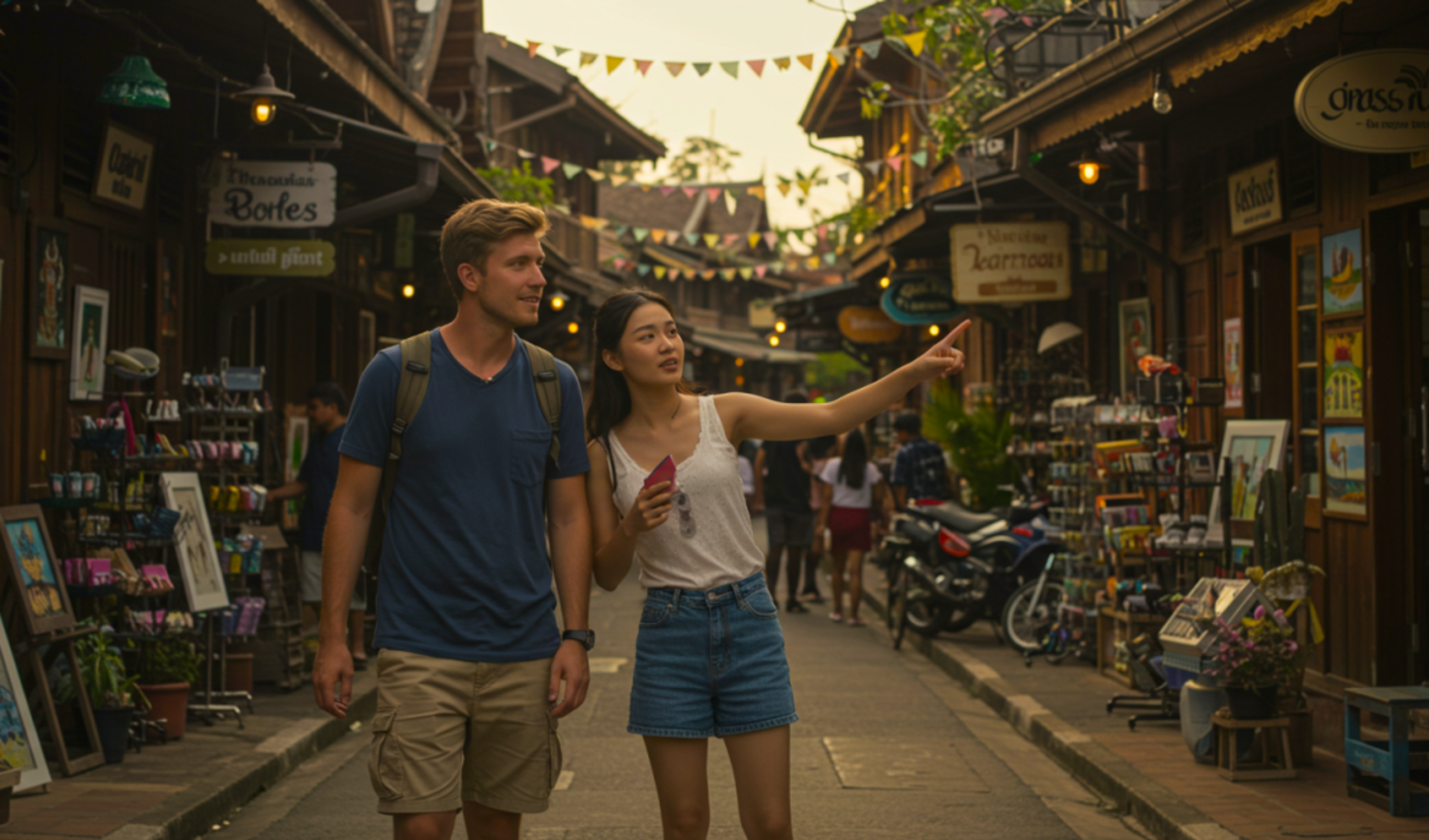 Two people walking down a narrow street lined with shops and artwork in Chiang Mai