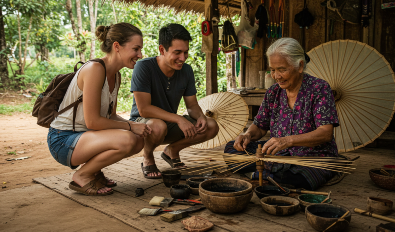 Two tourists watch a traditional craftsman making umbrellas in Chiang Mai