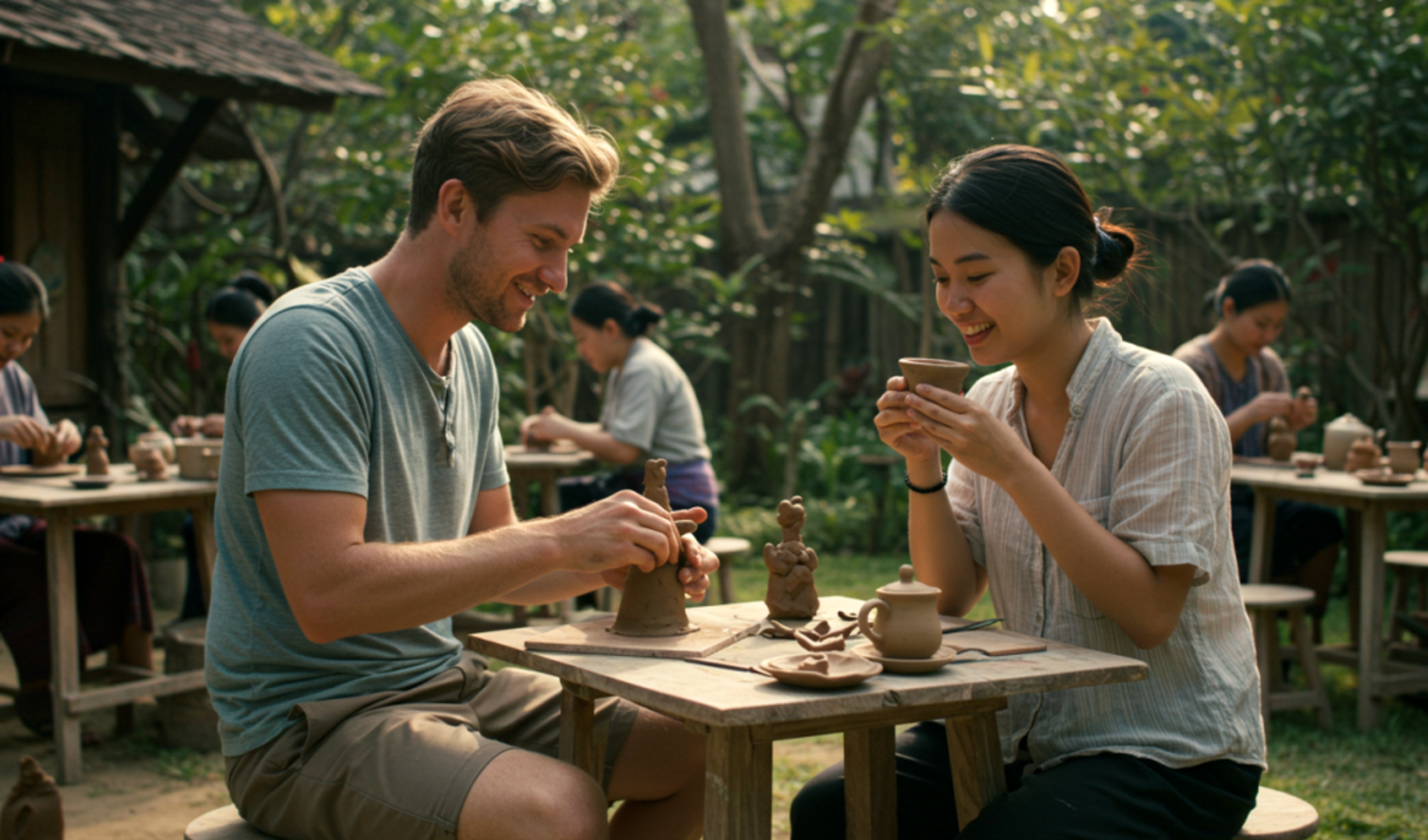 People engaging in pottery making at an outdoor workshop in Chiang Mai.