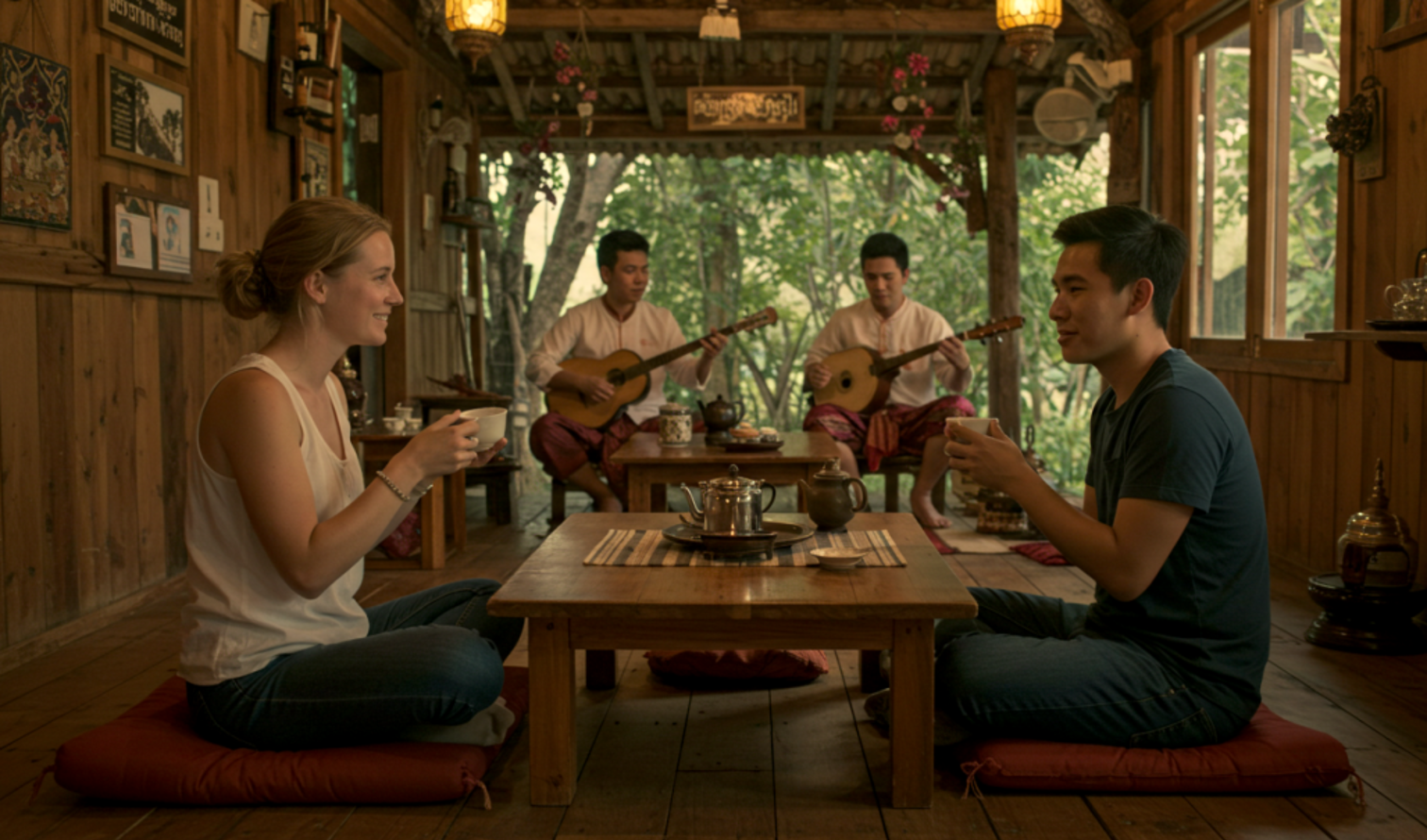 Tea room with wooden interior in Northern Thailand, featuring traditional musicians in the background in Chiang Mai.