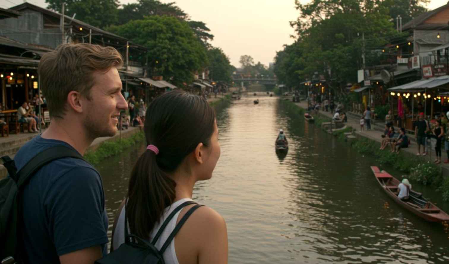 People overlook a canal at Amphawa Floating Market in Chiang Mai.