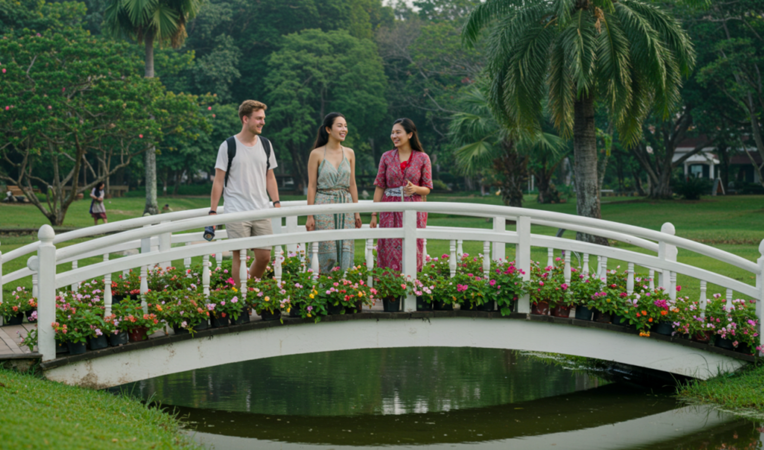 Three people walking on a white bridge in a green park  in Chiang Mai