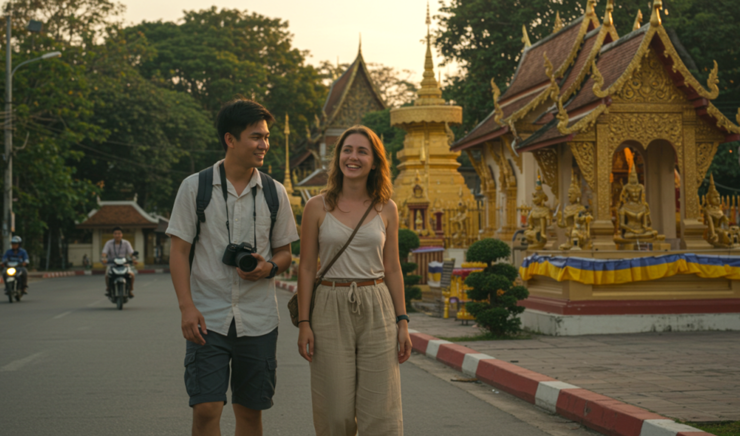 Two people walking near a golden temple in Chiang Mai, Thailand.