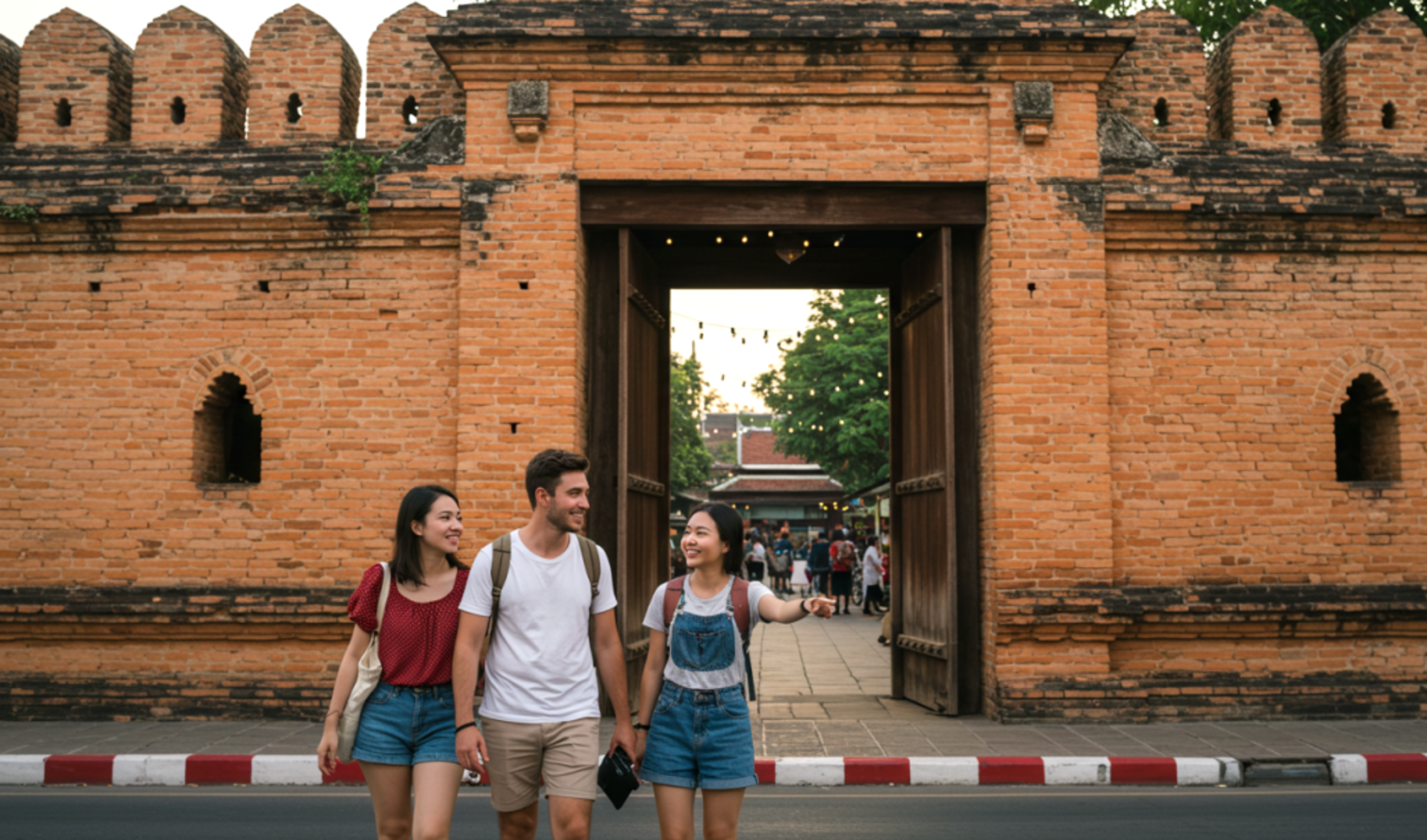Three people walk past Tha Phae Gate in Chiang Mai, Thailand.