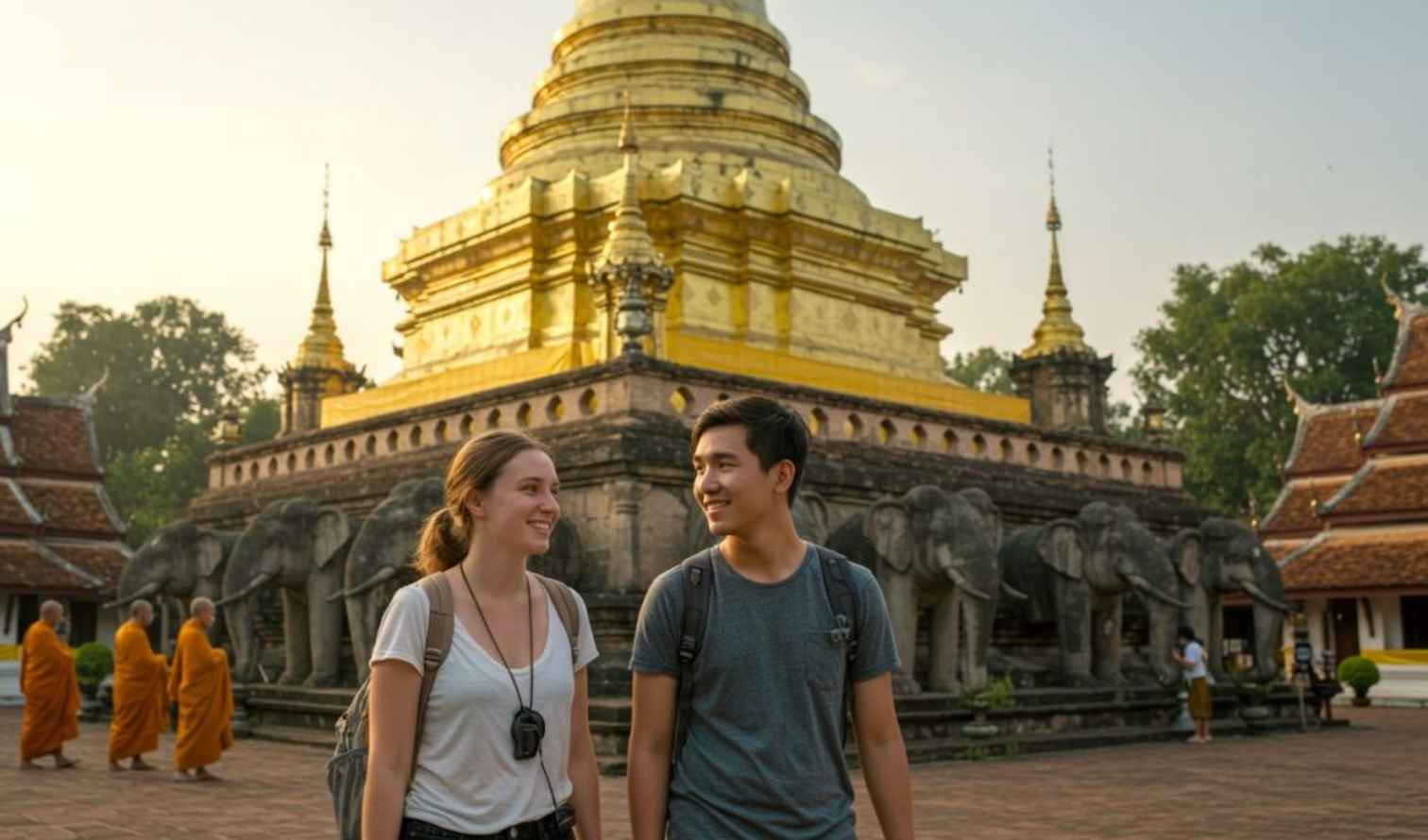 Two people walking in front of Wat Chiang Man temple with golden chedi in Chiang Mai.