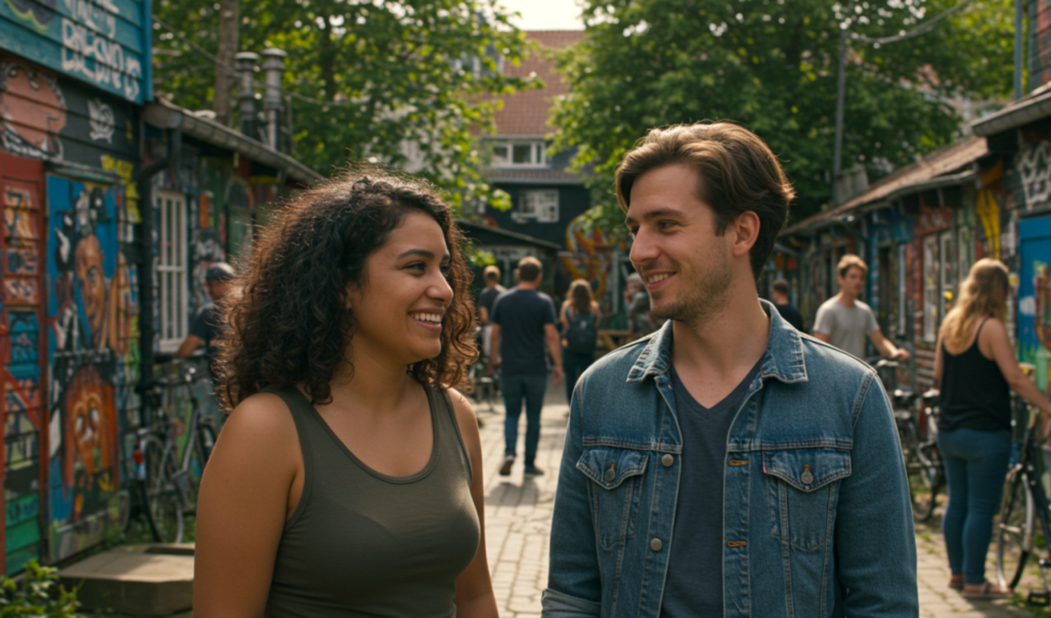 Two people walking in a graffiti-covered alley in Christiania, Copenhagen.