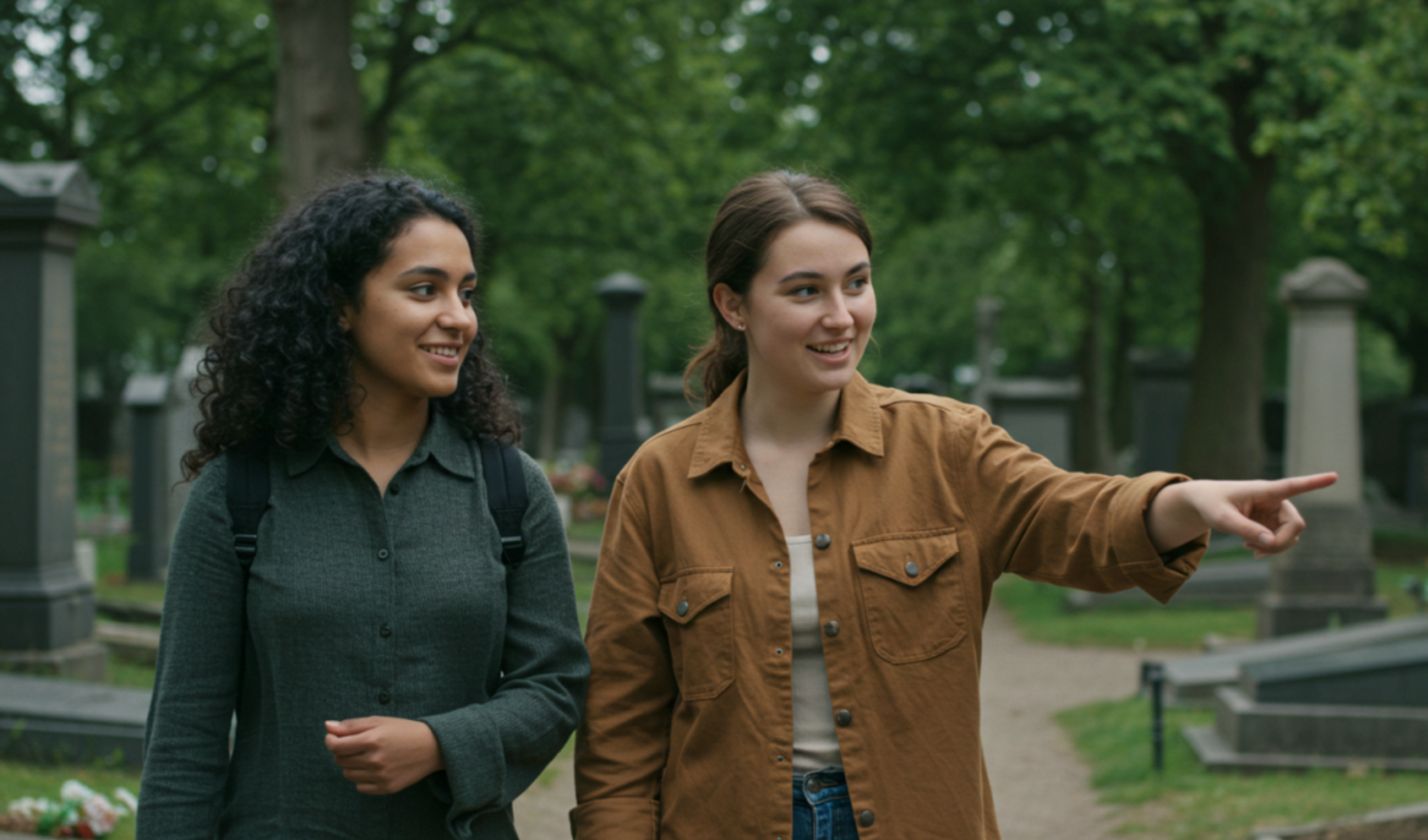 Two people walking in a cemetery with gravestones and trees in the background in Copenhagen