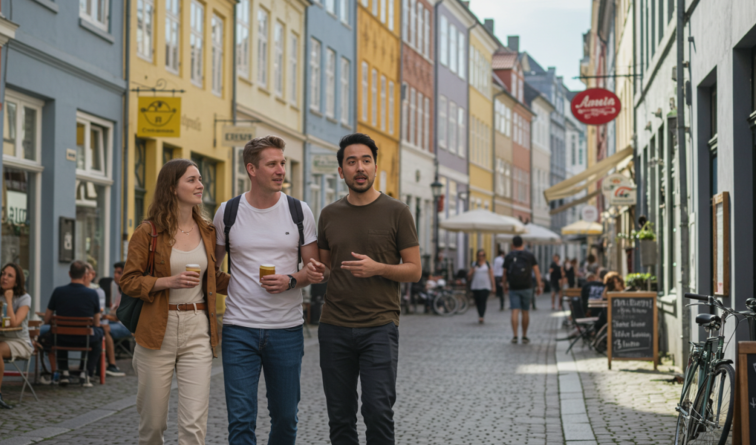 Three people walking on a cobblestone street in Copenhagen, Denmark.