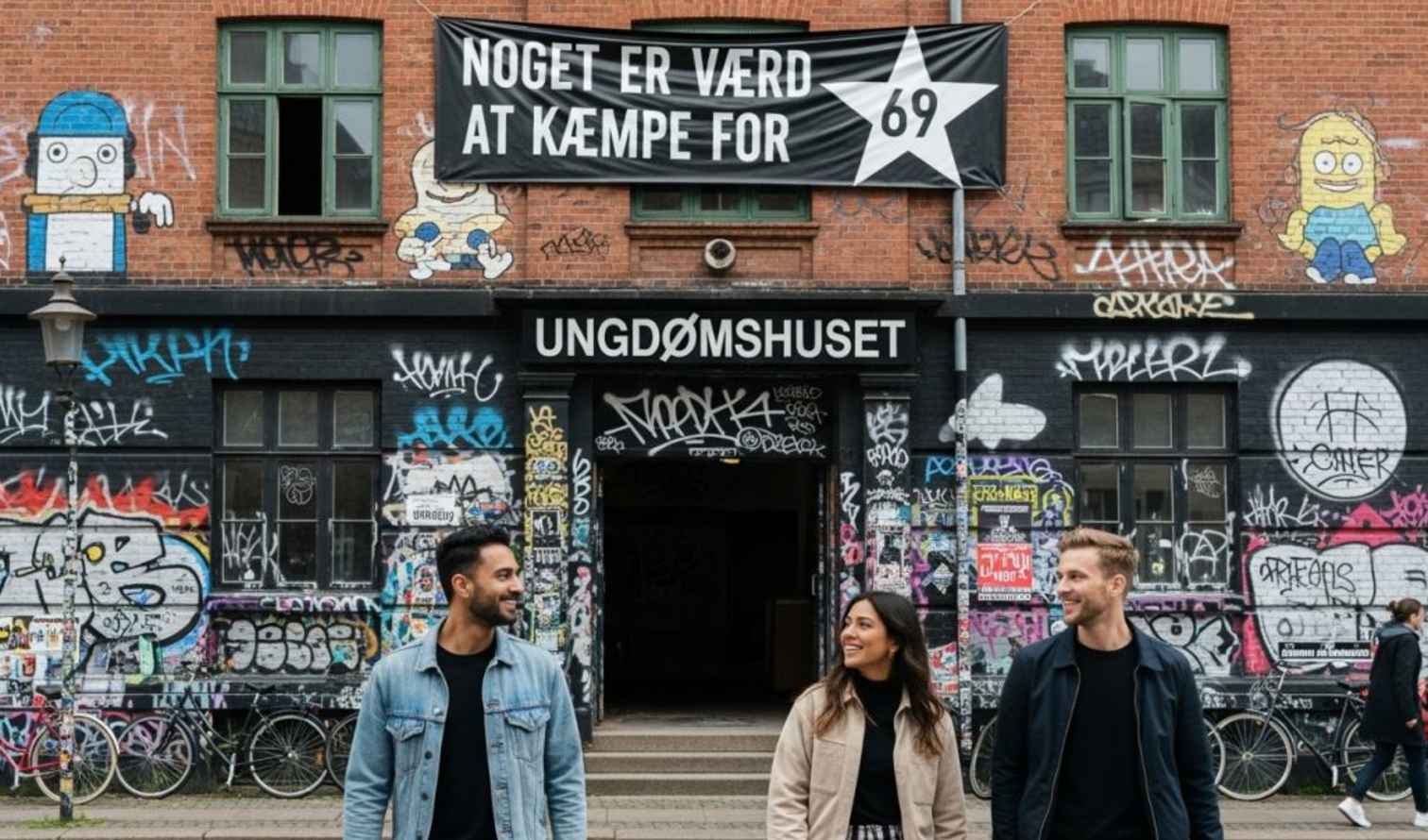 Graffiti covers the facade of Ungdomshuset, a cultural center in Copenhagen, Denmark.