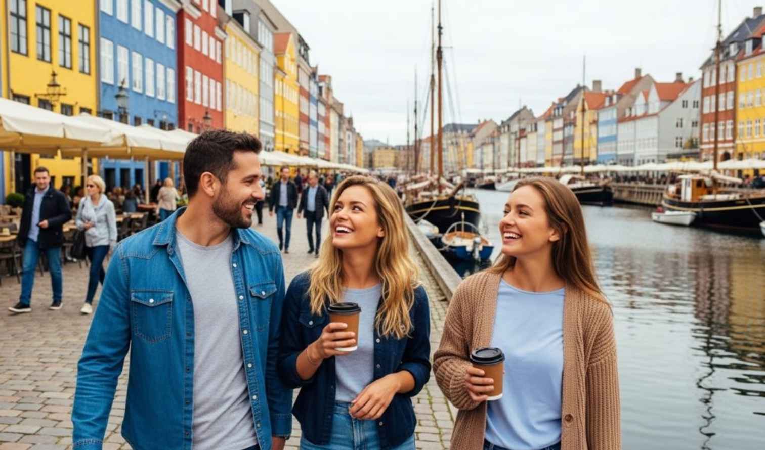 Three people walk along Nyhavn canal in Copenhagen, holding coffee cups.