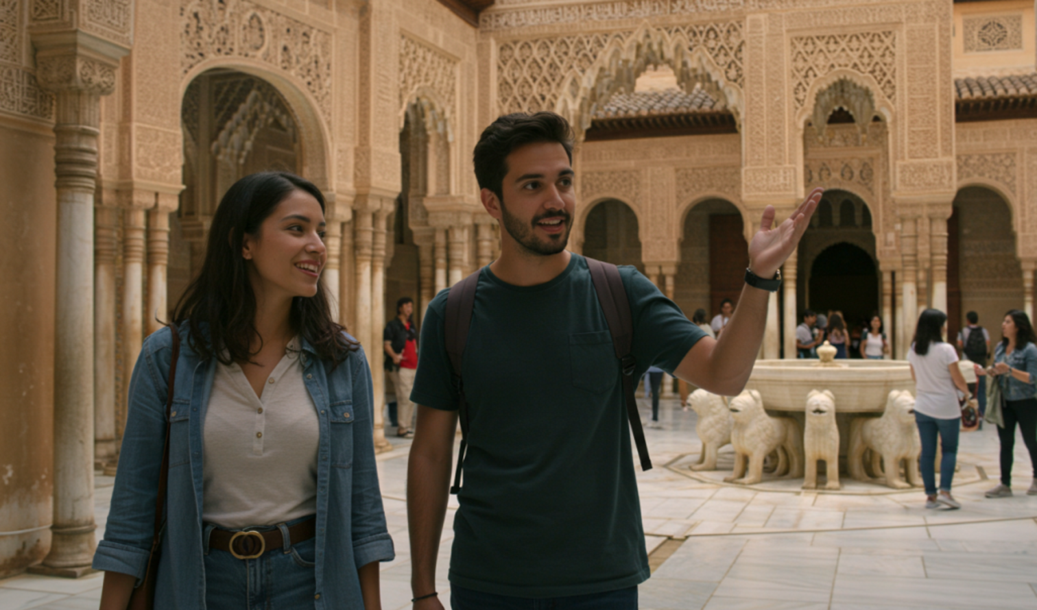 Two people walking near the Court of the Lions, Alhambra, Granada.