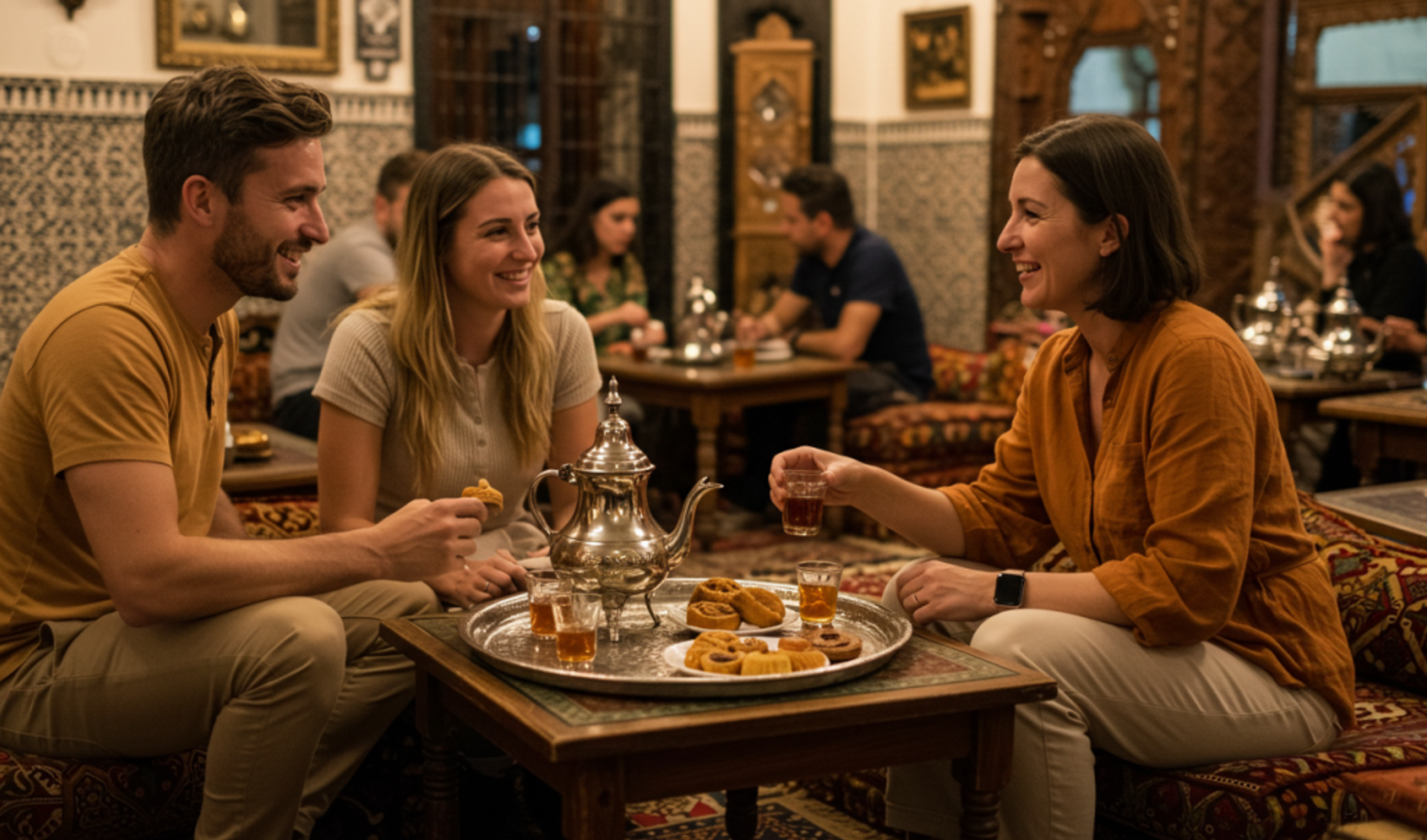 Three people enjoying tea and pastries in a Moroccan-style café interior in Granada