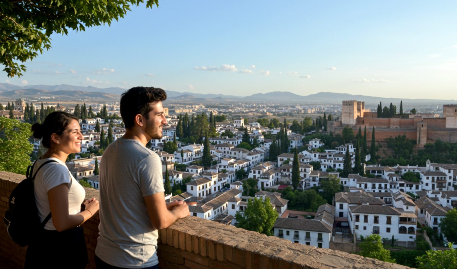 Couple viewing Alhambra from Mirador de San Nicolás, Granada.