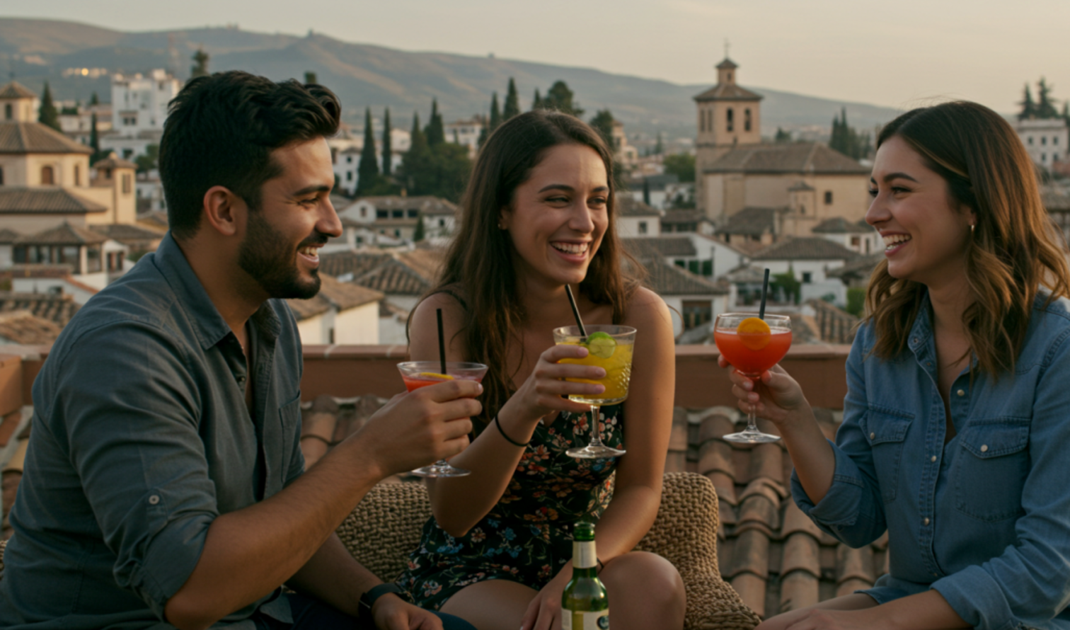 Three people having drinks on a rooftop overlooking Albayzín, Granada.