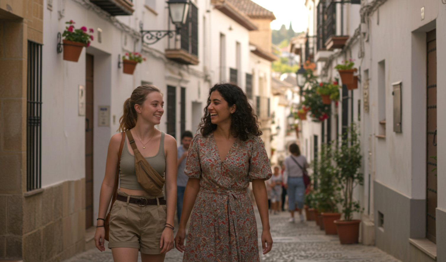 People walking along a historic street with rustic walls and potted plants in Granada.