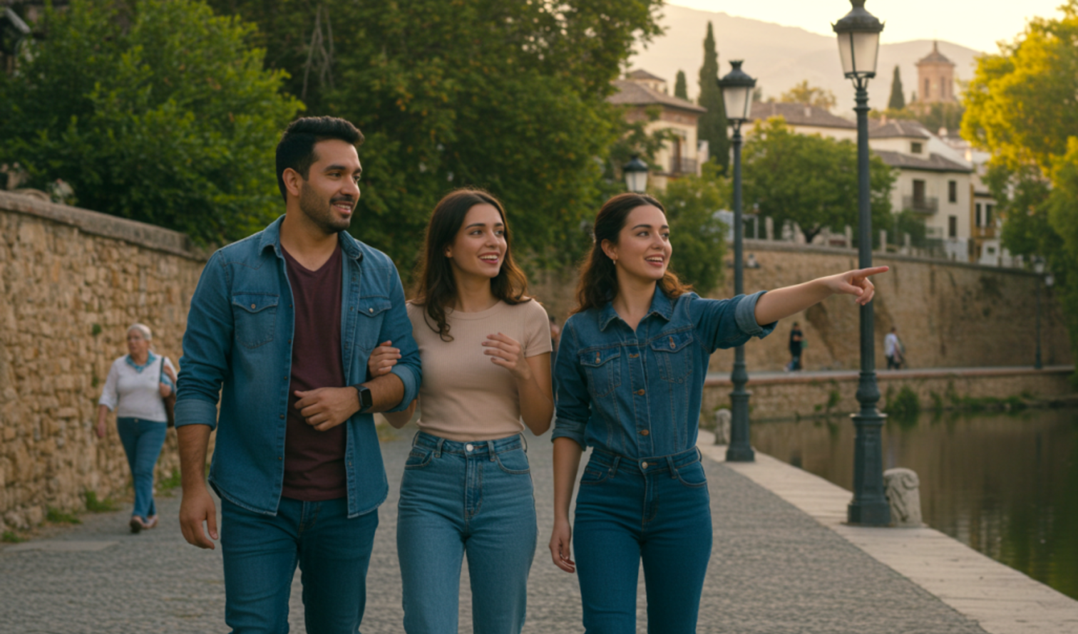 Three people walking along the Darro River in Granada, Spain.