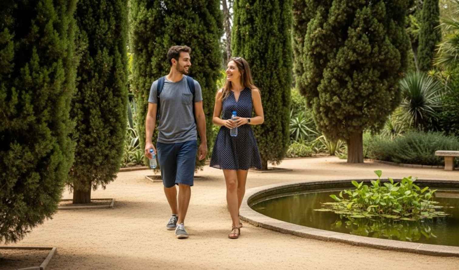 Couple walking near a circular pond in a landscaped park in Granada.