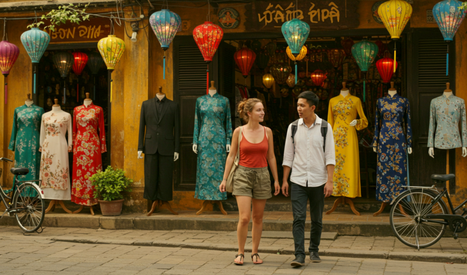 Two people walk past a shop with mannequins in Hoi An, Vietnam.