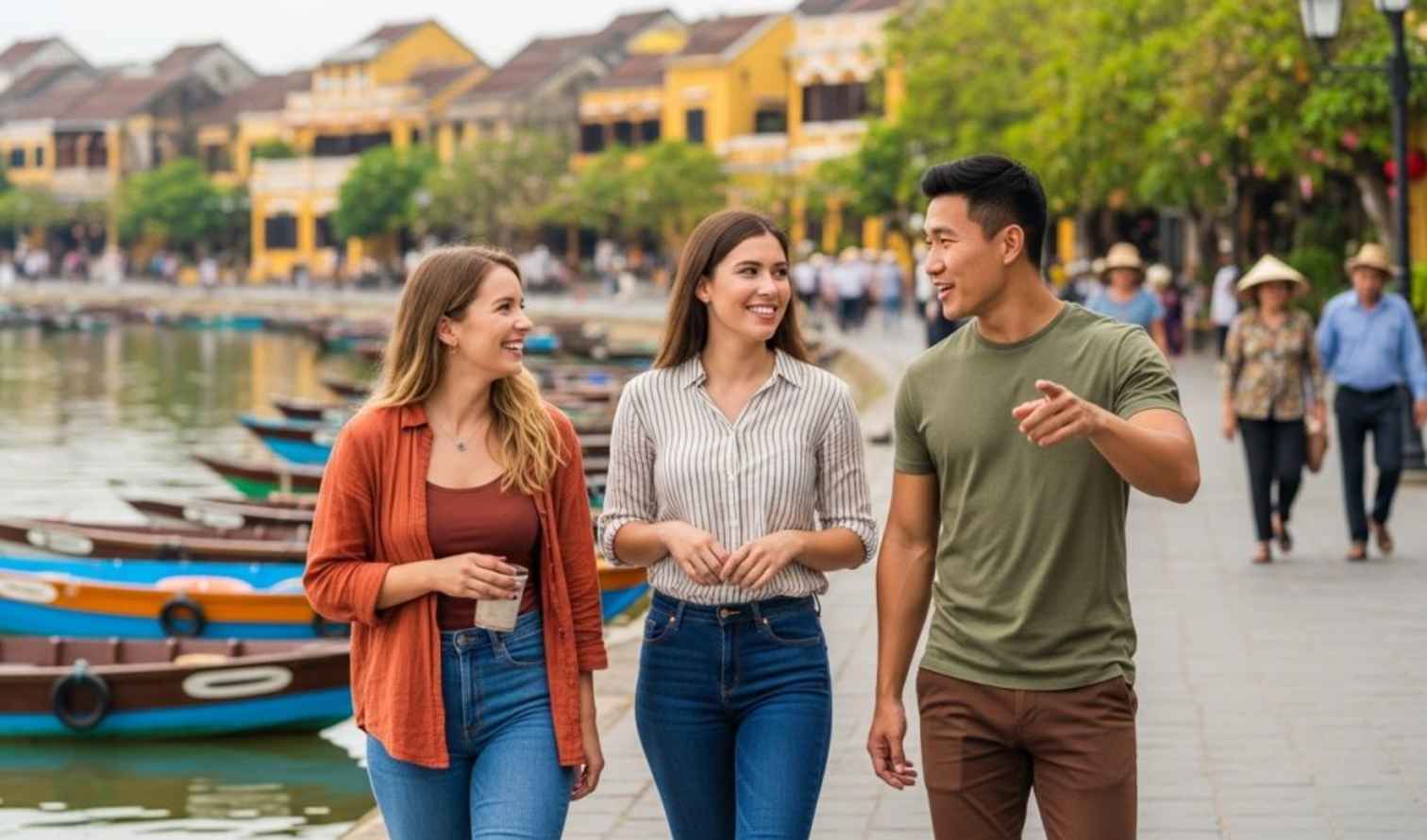 Three people walking on a riverside street in Hoi An, Vietnam.