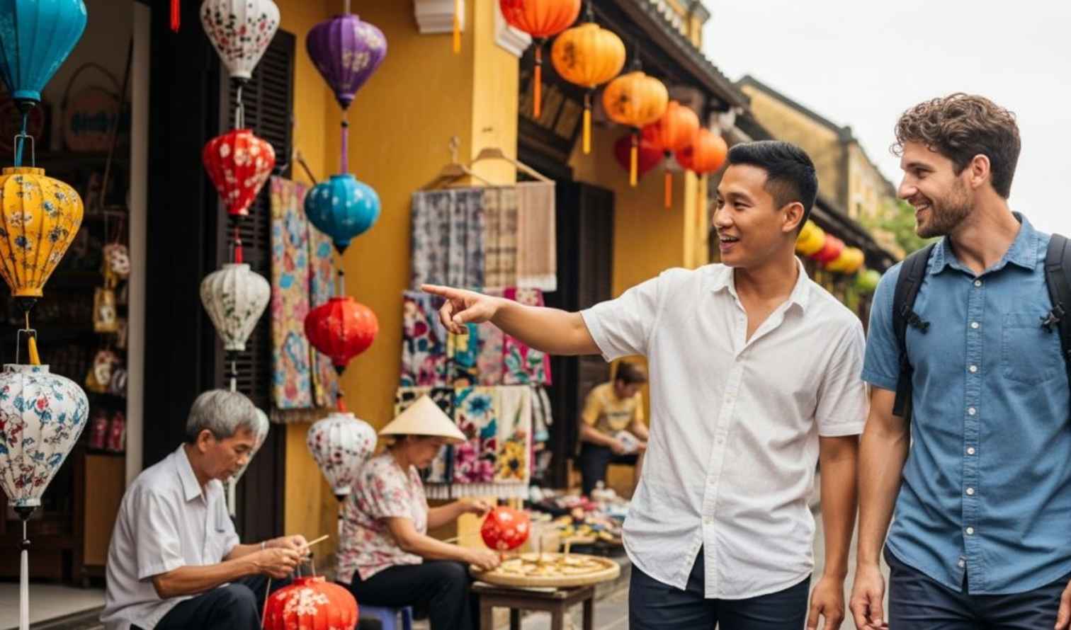 Two men walking past a lantern shop in Hoi An Ancient Town, Vietnam.