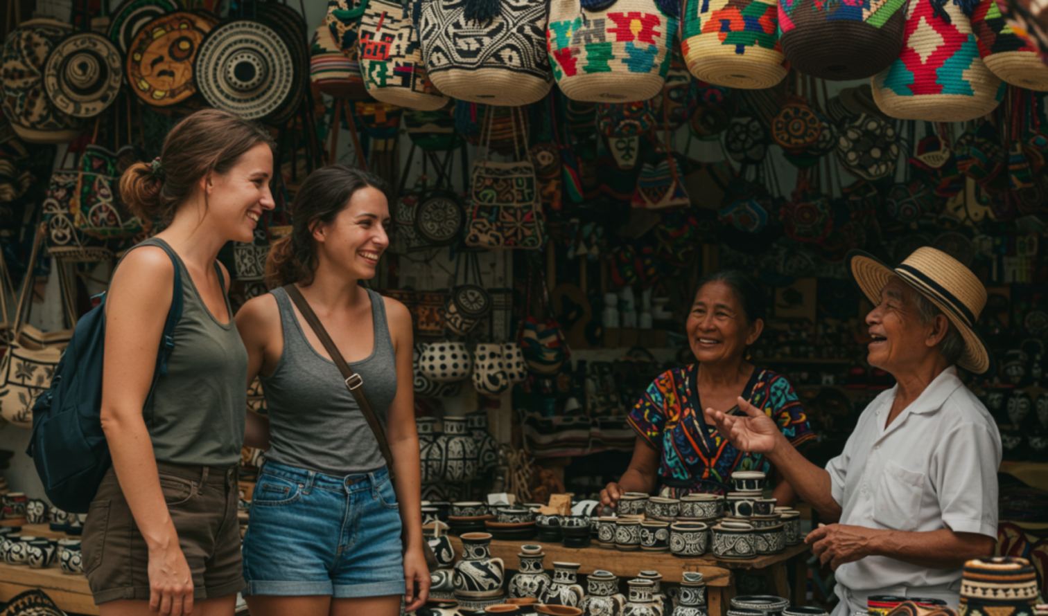 Women shopping at a street market with colorful woven baskets on display in Medellin