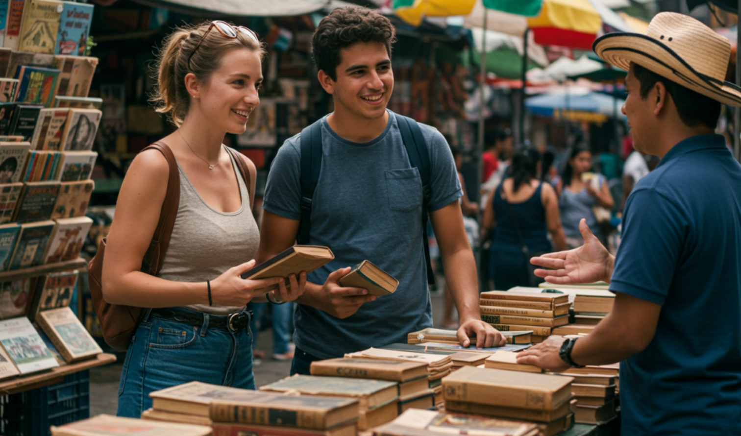 Two people browsing books at an outdoor market stall in Medellin