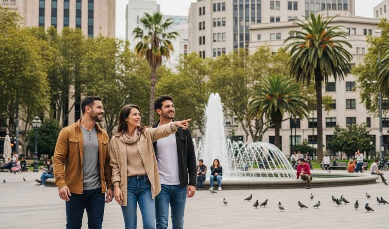 Three people walking near a fountain in a city square with palm trees in Medellin