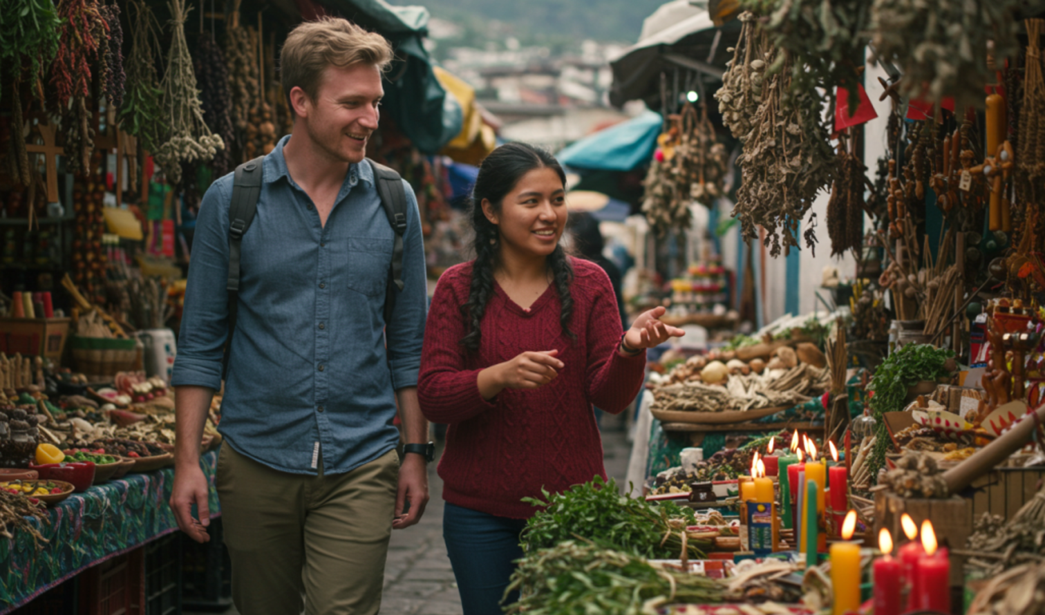 A couple exploring a vibrant outdoor market with colorful items in Quito