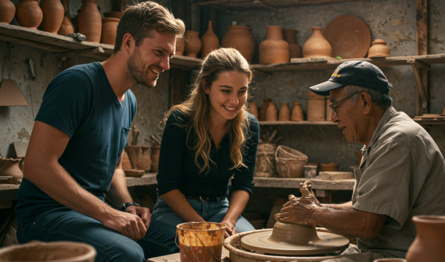 Two people watch a potter working on a clay wheel in a workshop in Quito