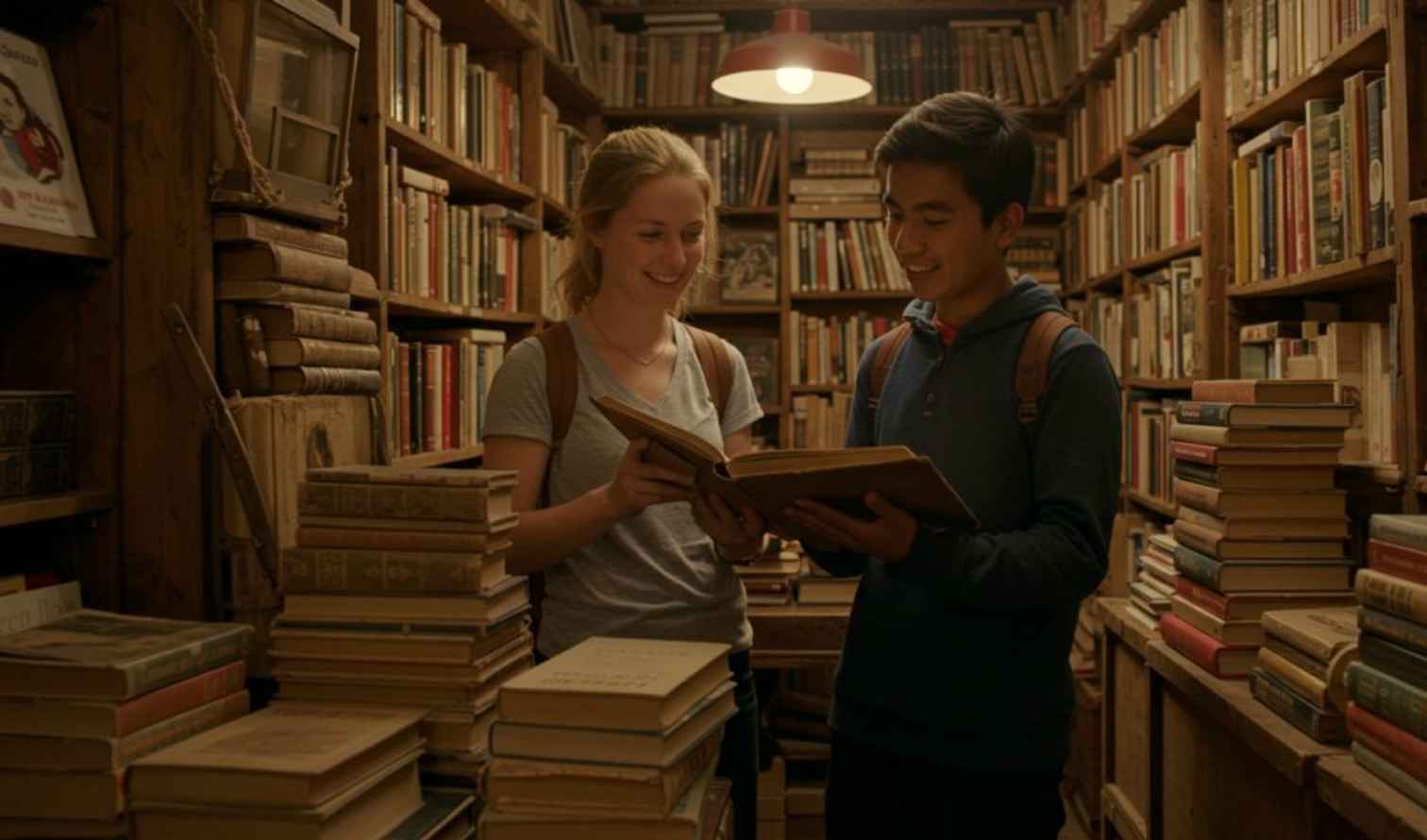 Narrow aisle with shelves full of books and two people inside in Quito