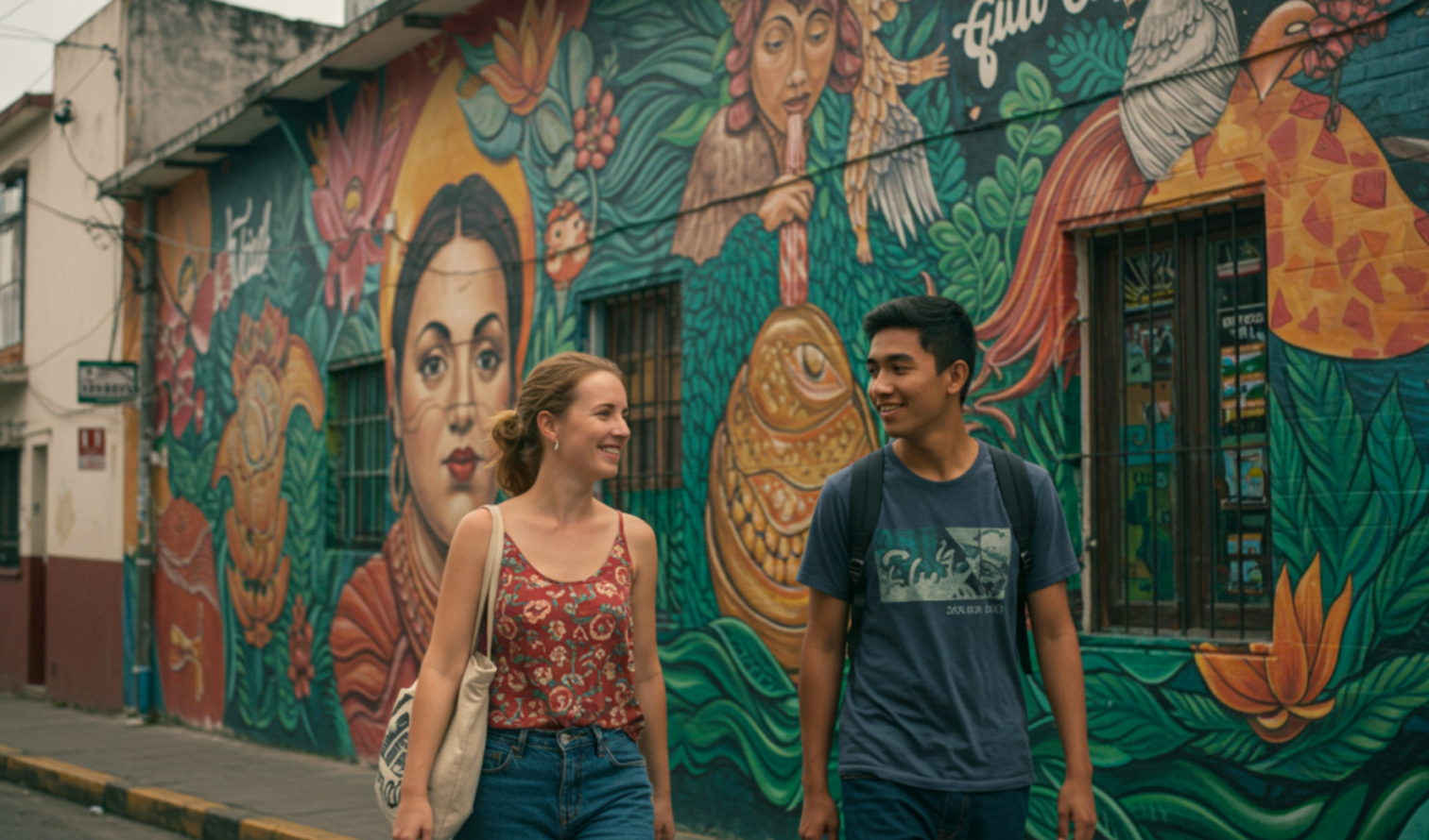 Two people walking past a colorful mural in Callejón Regina, Mexico City.