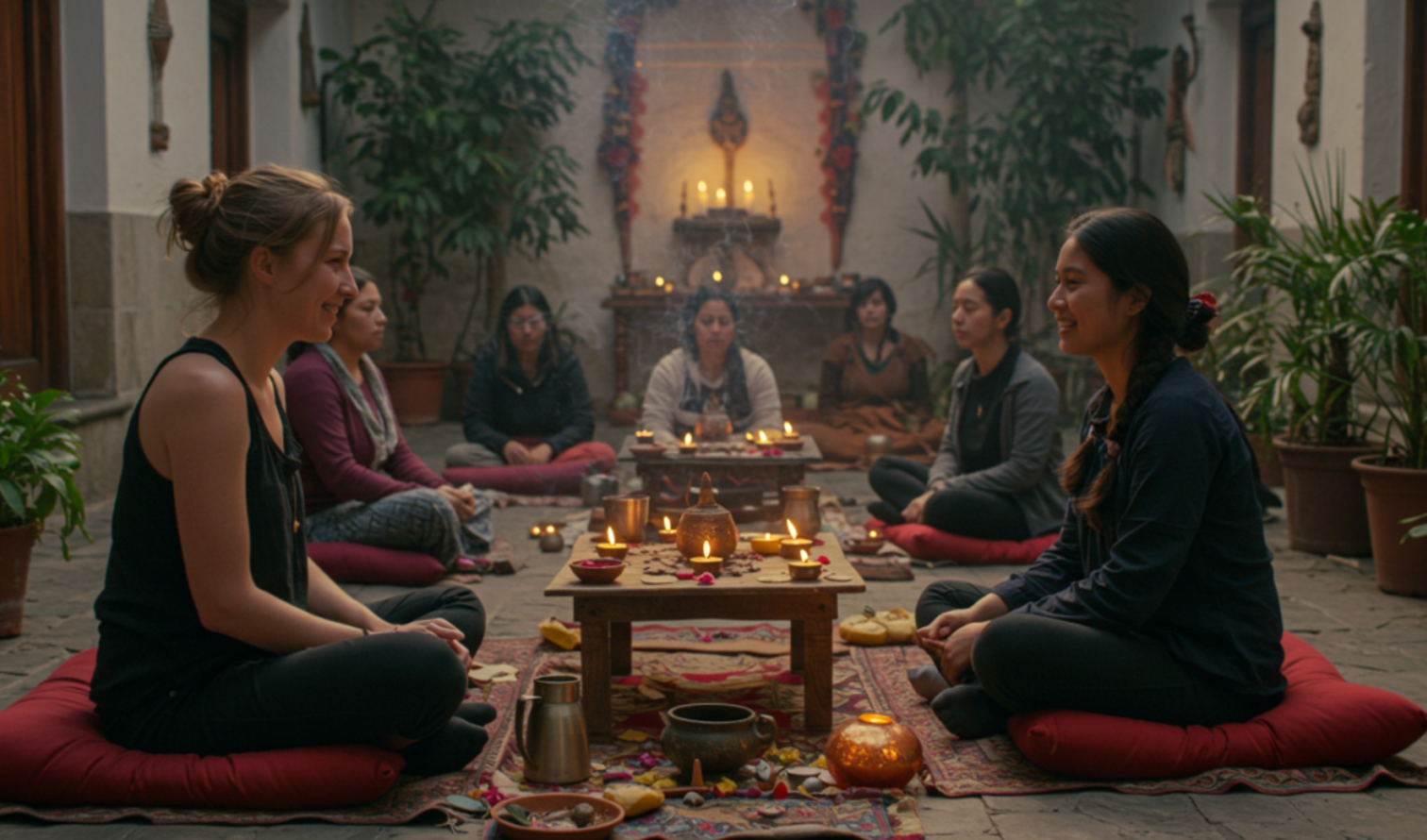 Group seated on cushions in a courtyard with candles and plants in Quito