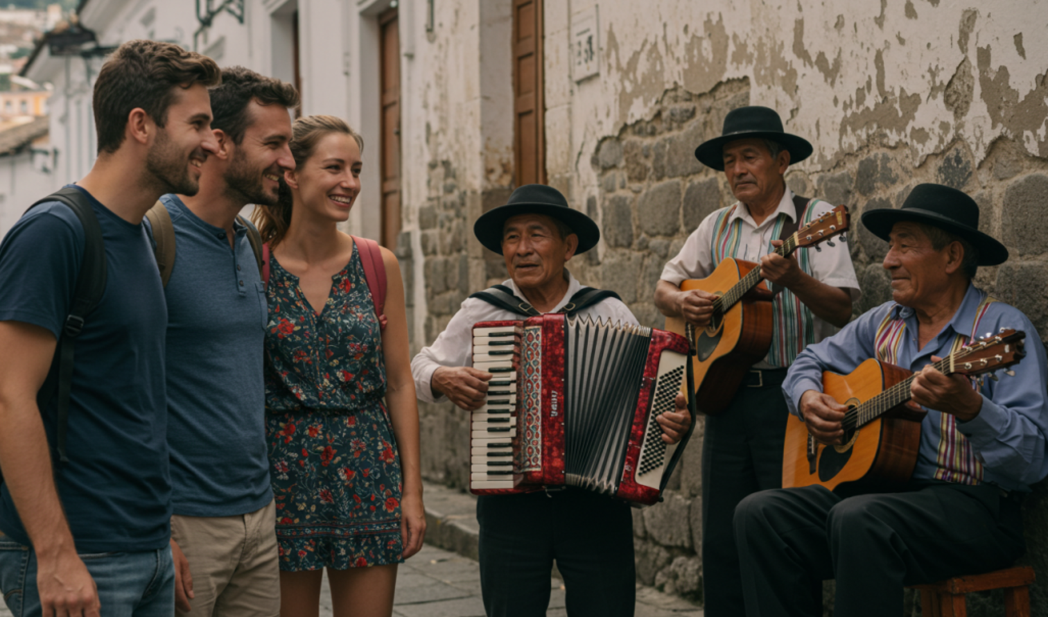 Street musicians playing in the historic center of Quito, Ecuador.