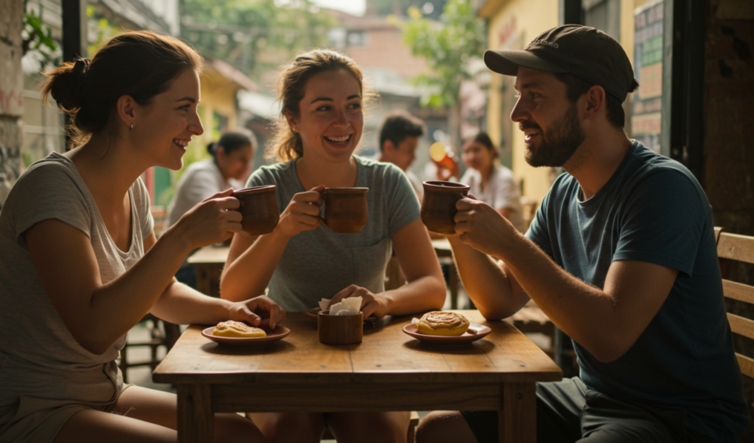 Three people enjoying drinks at an outdoor cafe in a small alley in Quito