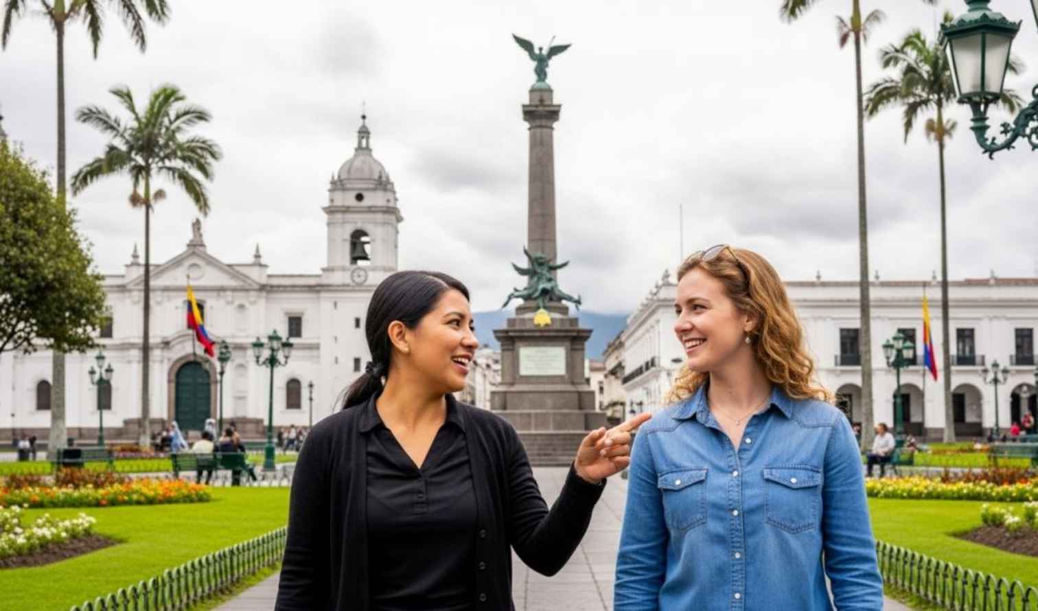 Two people walking in Plaza Grande, Quito, with the Independence Monument behind them.