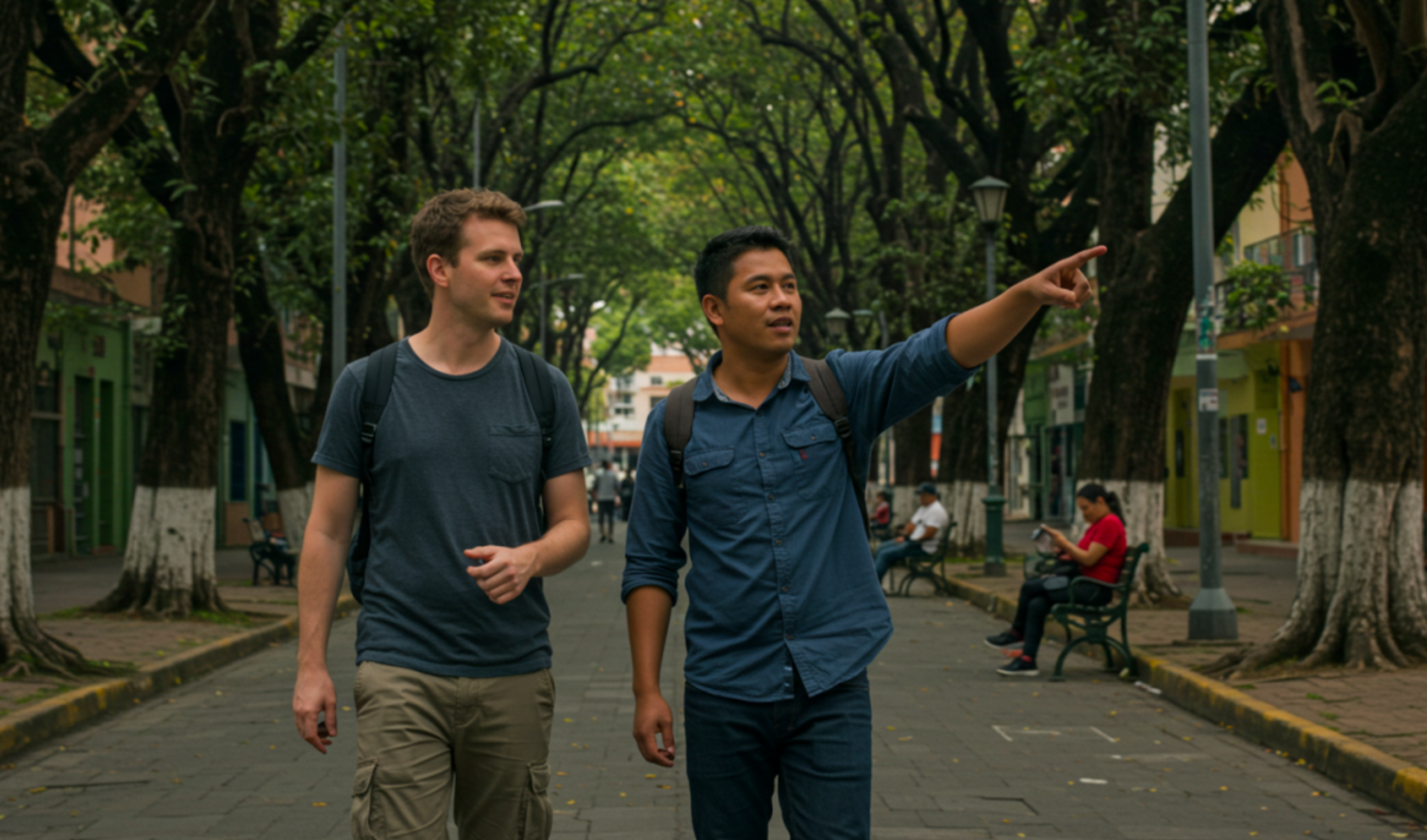 Two people walking on a tree-lined street in a city in Quito