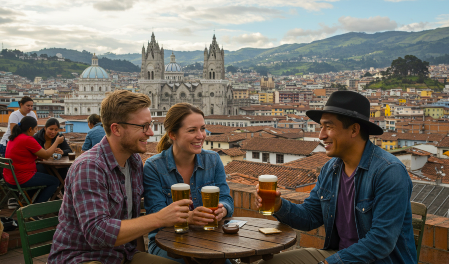 Group of friends with drinks on a rooftop overlooking Quito, Ecuador.