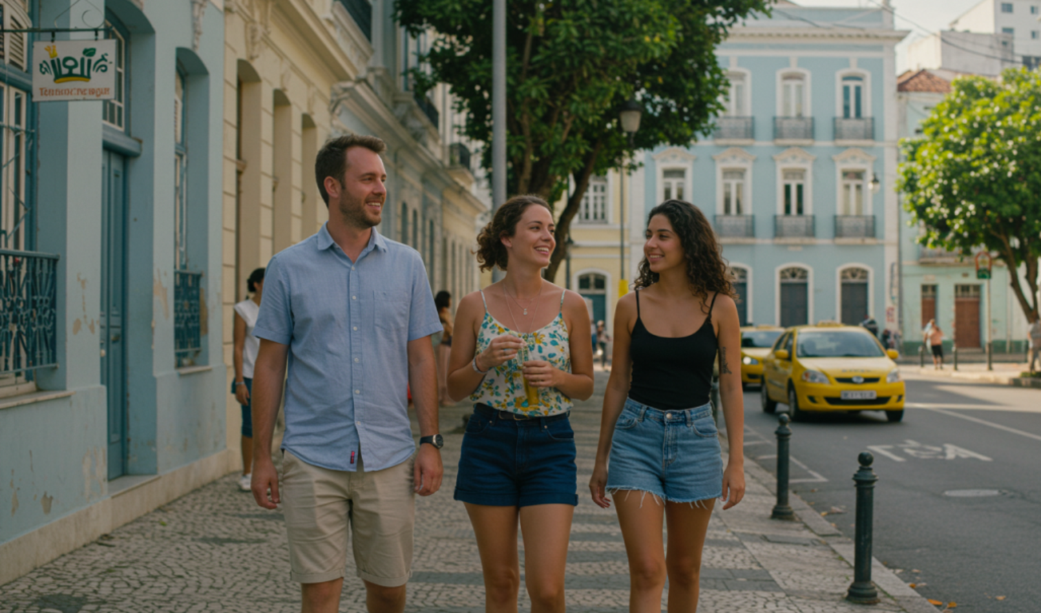 Three people walking on a cobblestone street in Rio de Janeiro