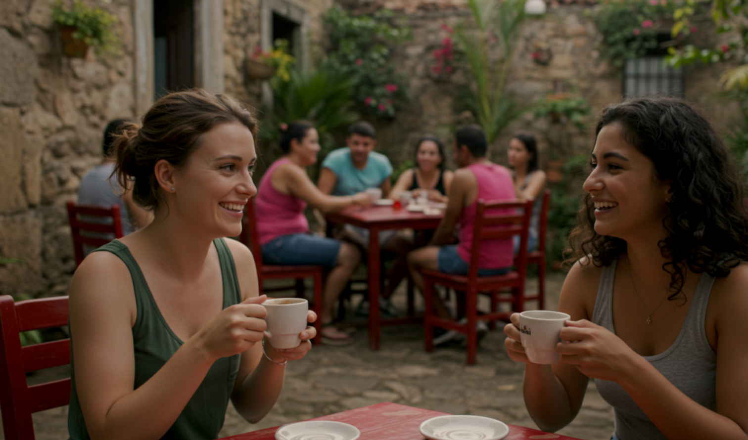 Two women holding coffee cups in an outdoor patio setting in Rio de Janeiro